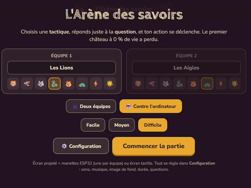 Menu de démarrage avec équipes et mascottes