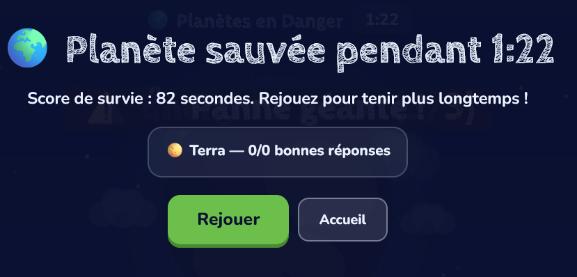 Écran de fin de partie avec score de survie