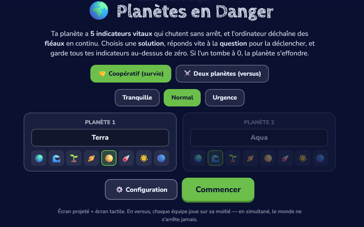 Planètes en Danger — écran d'accueil du jeu